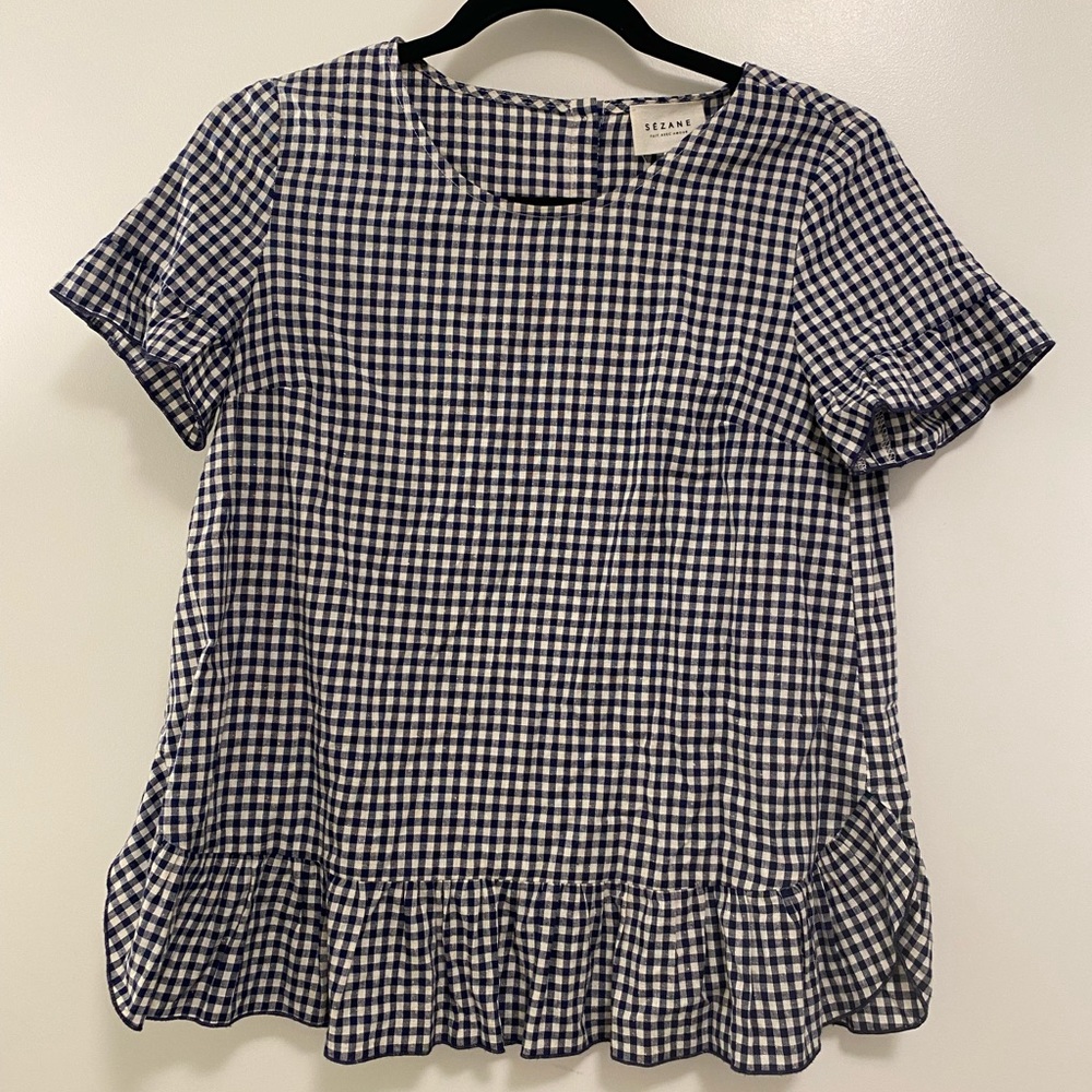 Sezane gingham top. Navy and white. Size 34.